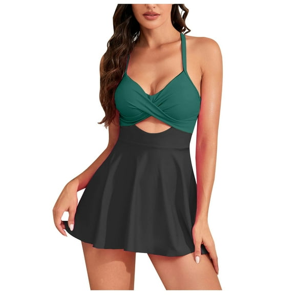 Hvot&aat Women's Cutout One Piece Skirt Swimsuit V Neck Halter Crisscross Tie Back Swimwear Tummy Control Bathing Suits