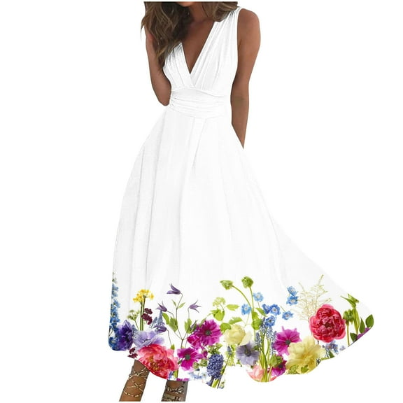 Hvot&aat Women's Deep V Neck Sleeveless Maxi Dress Pleated High Waist Floral Print Sundress Flowy Swing Long Dresses