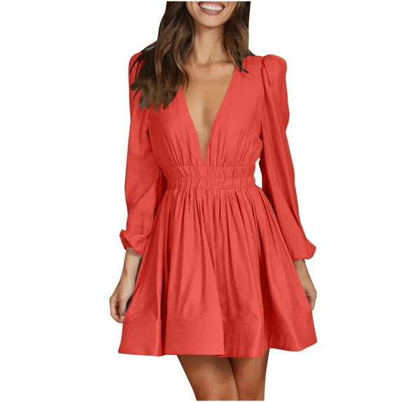 Hvot&aat Women's Dresses 2025 Fall Deep V Neck Elastic Waist Puff Long Sleeve Swing Flowy Mini Beach Dress