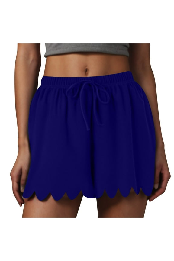 Women's Elastic High Waist Shorts Scallop Trim Flowy Wide Leg Shorts Summer Pleated Beach Shorts