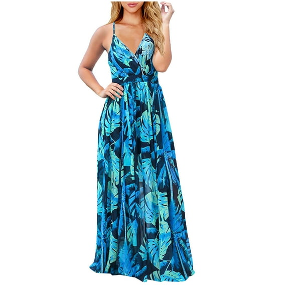 Hvot&aat Women's Elegant Bohemian Floral Maxi Dress Wrap V-Neck Wedding Bridesmaid Dress Halter Long Evening Prom Maxi Dress