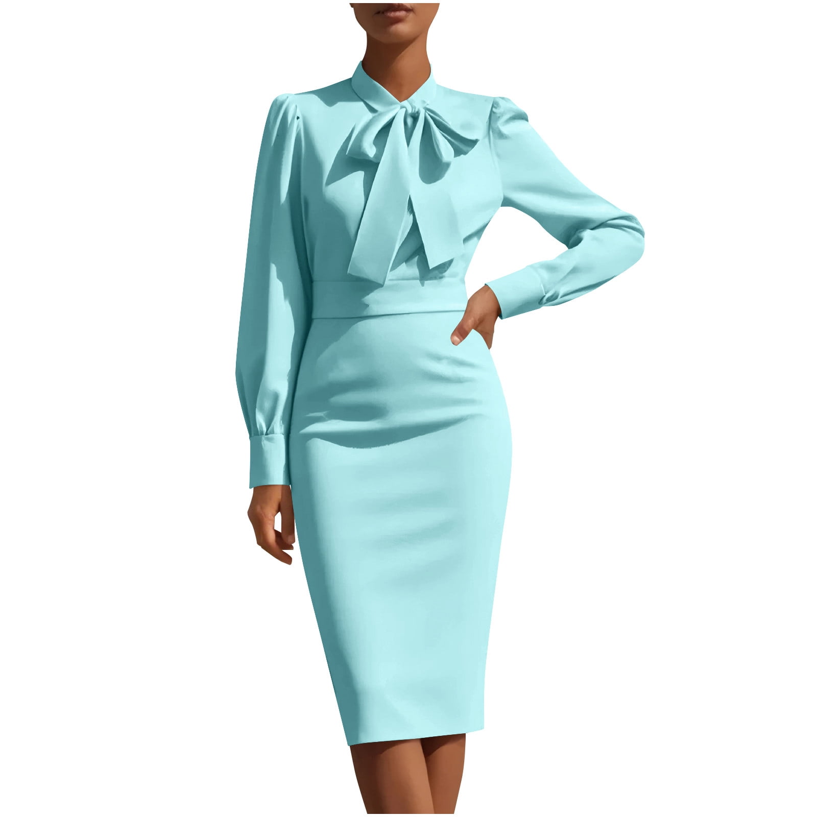 Hvot&aat Women's Elegant Business Dress Casual Knee Length Bodycon Pencil Dress Solid Long Sleeve Bows Waisted Dresses