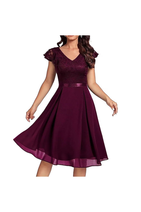 Women's Elegant Floral Lace Cocktail Dresses with Satin Belt Cap Sleeve V Neck Mesk Patchwork A-Line Party Swing Dress