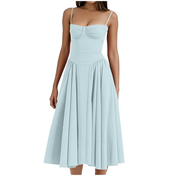 Hvot&aat Women's Elegant French Corset Dress Retro Waist Belt Flowy Pleated Hem Low Cut Prom Dresses Slim Solid Suspender Dress