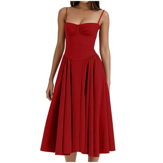 Hvot&aat Women's Elegant French Corset Dress Retro Waist Belt Flowy Pleated Hem Low Cut Prom Dresses Slim Solid Suspender Dress