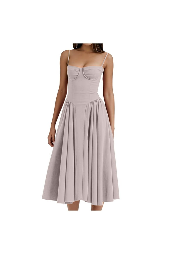 Women's Elegant French Corset Dress Retro Waist Belt Flowy Pleated Hem Low Cut Prom Dresses Slim Solid Suspender Dress