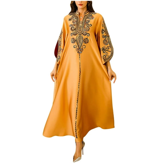 Hvot&aat Women's Elegant Muslim Abaya Dress V-Neck Long Sleeve Dubai Turkish Robe Kaftan Islamic Prayer Robe Long Dresses