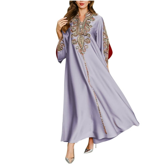 Hvot&aat Women's Elegant Muslim Abaya Dress V-Neck Long Sleeve Dubai Turkish Robe Kaftan Islamic Prayer Robe Long Dresses