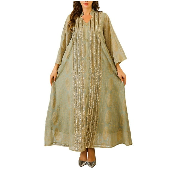 Hvot&aat Women's Elegant Muslim Abaya Dress V-Neck Long Sleeve Dubai Turkish Robe Kaftan Islamic Prayer Robe Long Dresses
