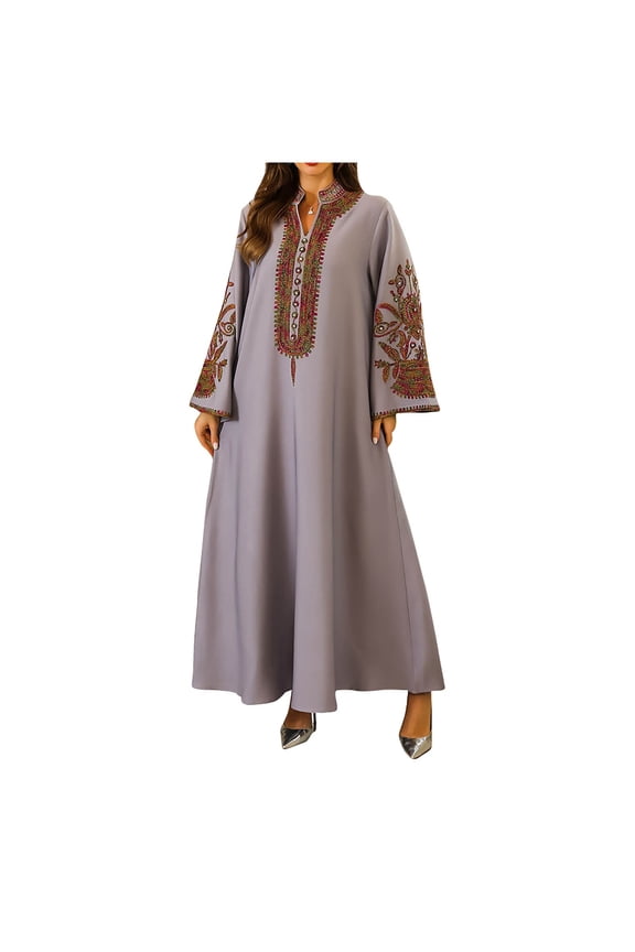 Women's Elegant Muslim Abaya Dress V-Neck Long Sleeve Dubai Turkish Robe Kaftan Islamic Prayer Robe Long Dresses