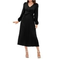 thumbnail image 1 of Hvot&aat Women's Elegant Pleated Midi Dress for Wedding Guests 2025 Fall Long Sleeve V Neck Evening Party Cocktail Dresses, 1 of 7