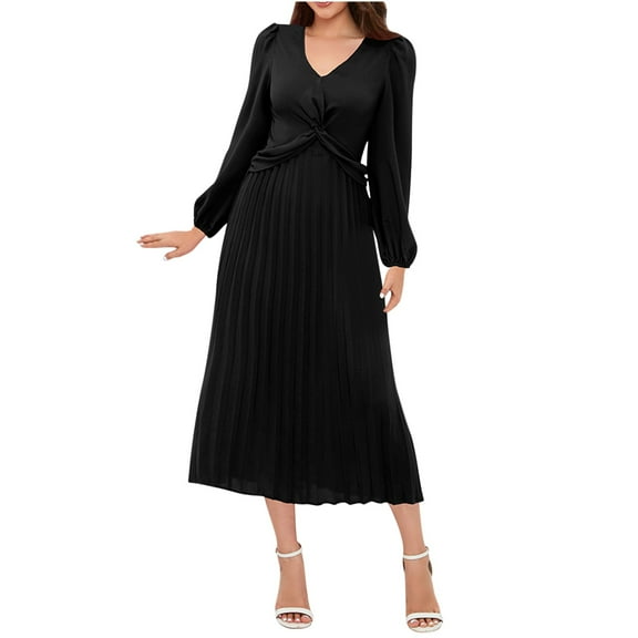 Hvot&aat Women's Elegant Pleated Midi Dress for Wedding Guests 2025 Fall Long Sleeve V Neck Evening Party Cocktail Dresses