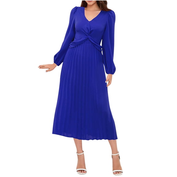 Hvot&aat Women's Elegant Pleated Midi Dress for Wedding Guests 2025 Fall Long Sleeve V Neck Evening Party Cocktail Dresses
