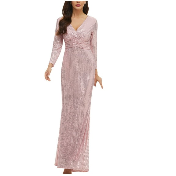 Hvot&aat Women's Elegant V Neck Sequins Maxi Dresses with Long Sleeve Empire Waist Formal Party Dresses for Wedding Gusets