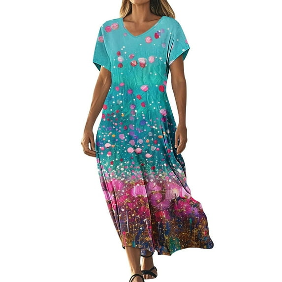 Hvot&aat Women's Elegant Vintage Printed Dresses Loose Fit Short Sleeve A-Line Maxi Dress Boho Beach Dress