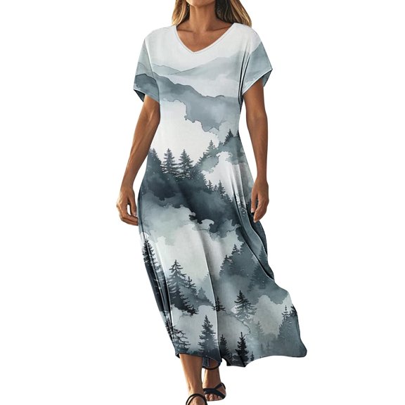 Hvot&aat Women's Elegant Vintage Printed Dresses Loose Fit Short Sleeve A-Line Maxi Dress Boho Beach Dress