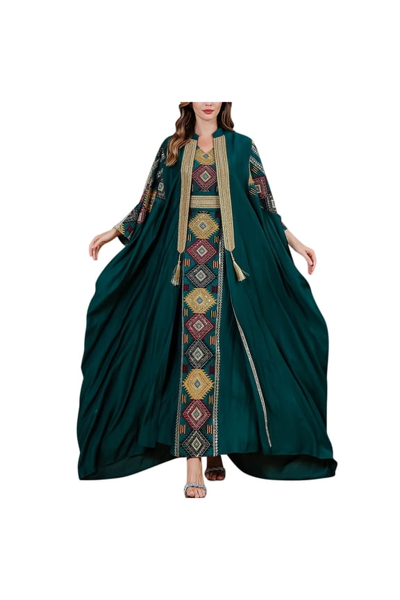 Women's Embroidered Open Front Long Cardigan with Maxi Dress Muslim Abaya Dress Ramadan Kaftan Prayer Dresses Elegant