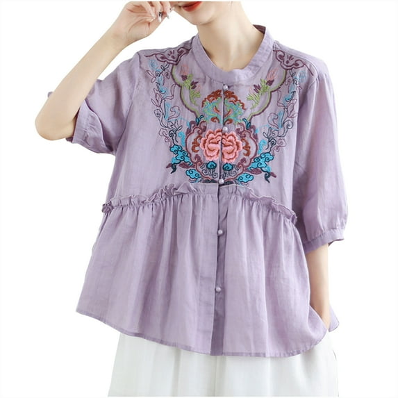Hvot&aat Women's Ethnic Style Embroidered Tops 3/4 Lantern Sleeve Button Down Linen Blouse Loose Pleated Flowy Hem Shirts