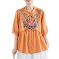 thumbnail image 1 of Hvot&aat Women's Ethnic Style Embroidered Tops 3/4 Lantern Sleeve Button Down Linen Blouse Loose Pleated Flowy Hem Shirts, 1 of 3