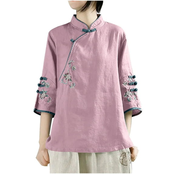 Hvot&aat Women's Ethnic Style Vintage Embroidery Tops Cotton Linen Chinese Frog Button Shirt Loose Stand Collar 3/4 Sleeve Blouse