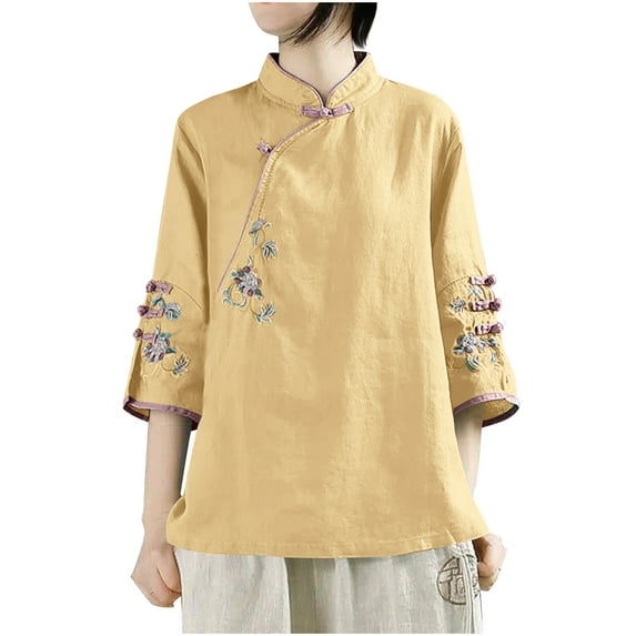 Hvot&aat Women's Ethnic Style Vintage Embroidery Tops Cotton Linen Chinese Frog Button Shirt Loose Stand Collar 3/4 Sleeve Blouse