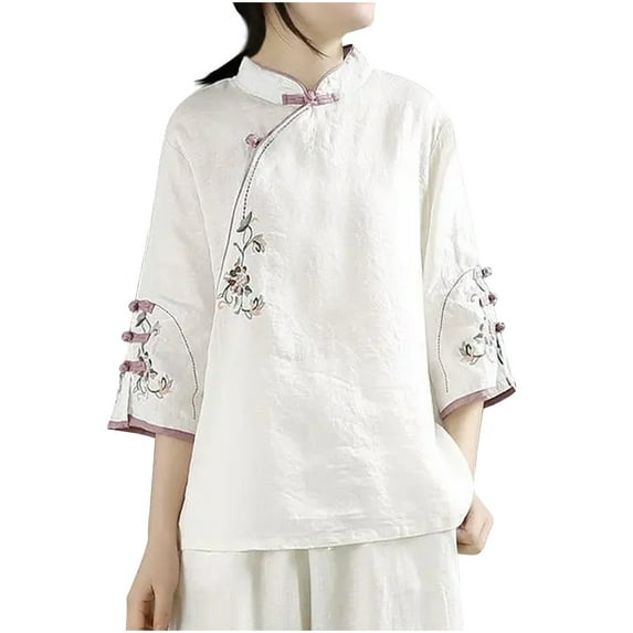 Hvot&aat Women's Ethnic Style Vintage Embroidery Tops Cotton Linen Chinese Frog Button Shirt Loose Stand Collar 3/4 Sleeve Blouse