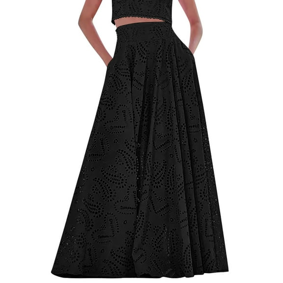 Hvot&aat Women's Eyelet Lace Embroidered Skirt Boho Hollow Out Smocked Waist Maxi Dress Beach Fall Maxi Skirt