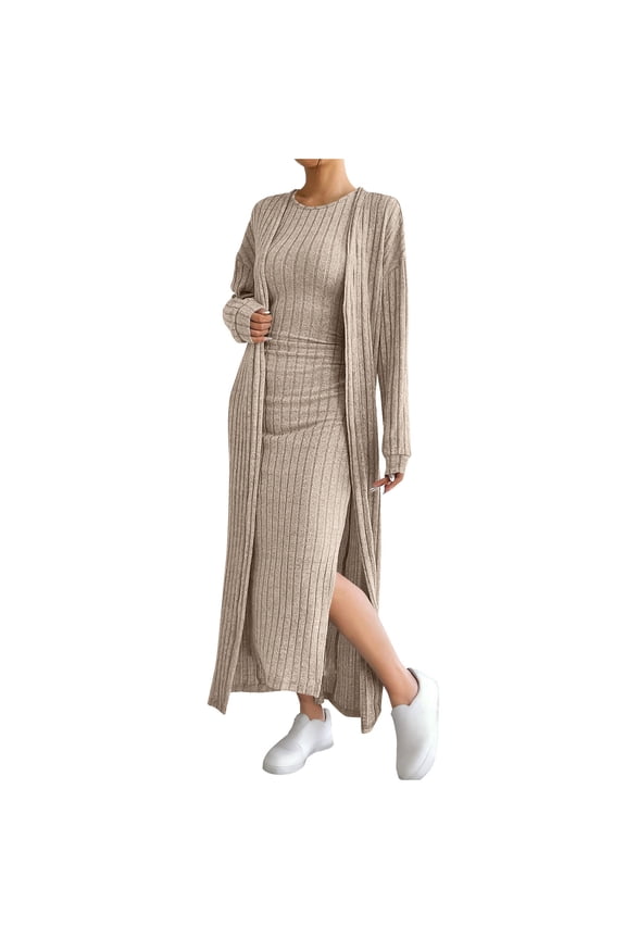 Women's Fall Casual Ribbed Knit Outfit 2 Piece Bodycon Slit Tank Dress and Long Sleeve Long Cardigan Sets
