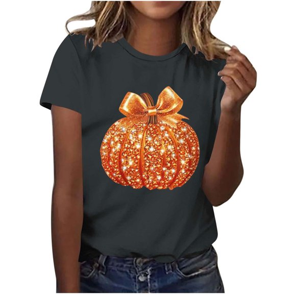 Hvot&aat Women's Fall Halloween Thanksgiving Short Sleeved T-shirt Sparkling Pumpkin Printed Round Neck Short Sleeve Tops