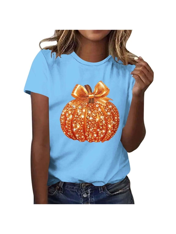 Women's Fall Halloween Thanksgiving Short Sleeved T-shirt Sparkling Pumpkin Printed Round Neck Short Sleeve Tops