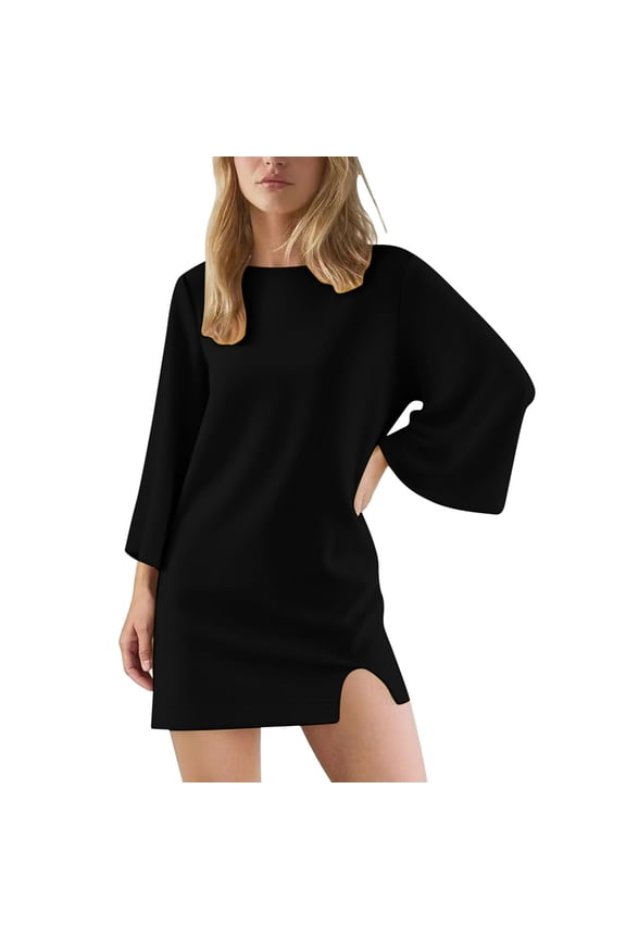 Women's Fall Long Sleeve Mini Dress Elegant Solid Crew Neck Loose Short Dresses Trendy Notched Hem Sportswear Dress