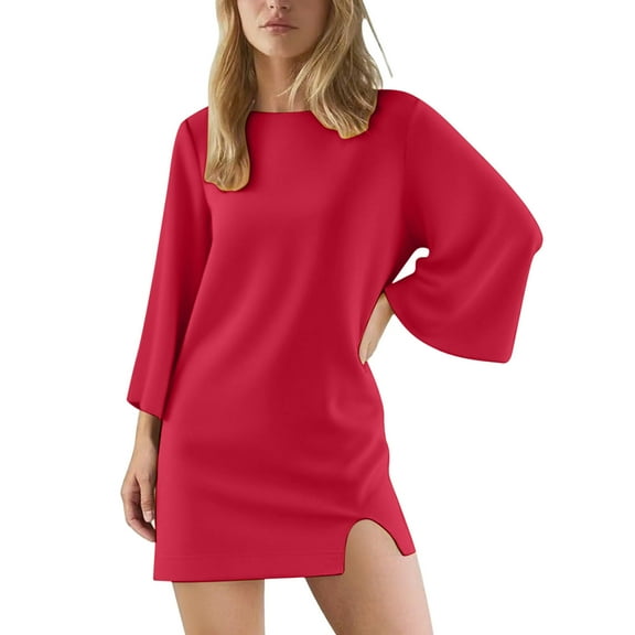 Hvot&aat Women's Fall Long Sleeve Mini Dress Elegant Solid Crew Neck Loose Short Dresses Trendy Notched Hem Sportswear Dress