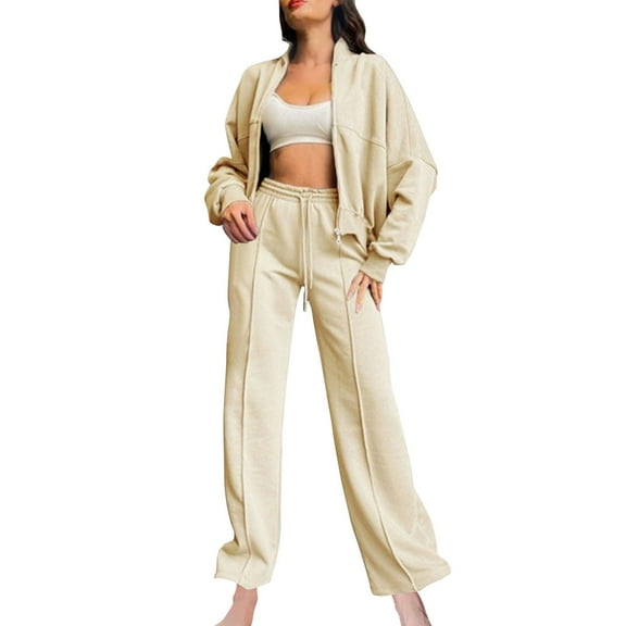 Hvot&aat Women's Fall Sweatshirt Jogger 2 Piece Long Sleeve Zip Up Bomber Jacket Wide Leg Sweatpants Lounge Sets