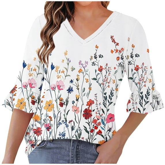 Hvot&aat Women's Fashion 1/2 Bell Sleeve Tops Summer Casual V Neck Printing Blouses Loose Lightweight Tee