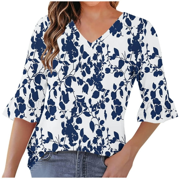 Hvot&aat Women's Fashion 1/2 Bell Sleeve Tops Summer Casual V Neck Printing Blouses Loose Lightweight Tee