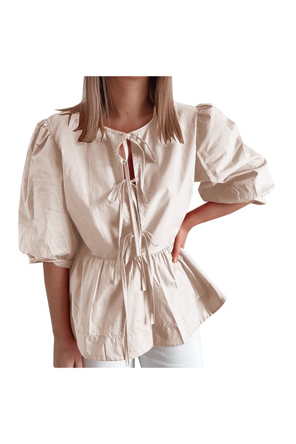 Women's Fashion Bow Tie Front Shirt Peplum Babydoll Puff Short Sleeve Blouse Formal Dressy Summer Going Out Tops