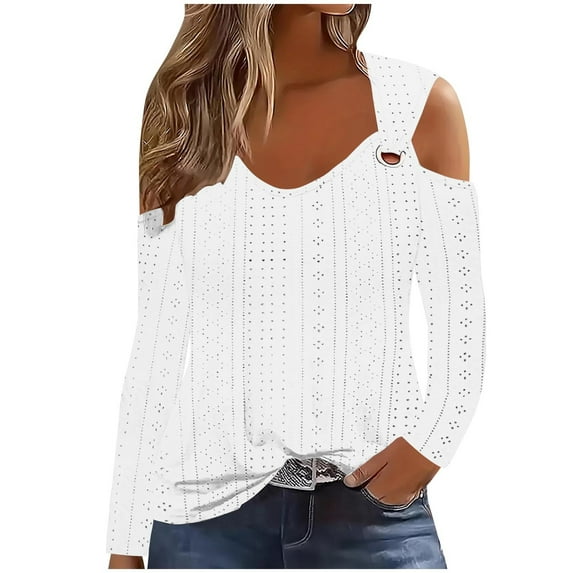 Hvot&aat Women's Fashion Casual Cold Shoulder Blouse Hollow Out Eyelet V Neck Long Sleeve Tops Solid Color Tunic Tops