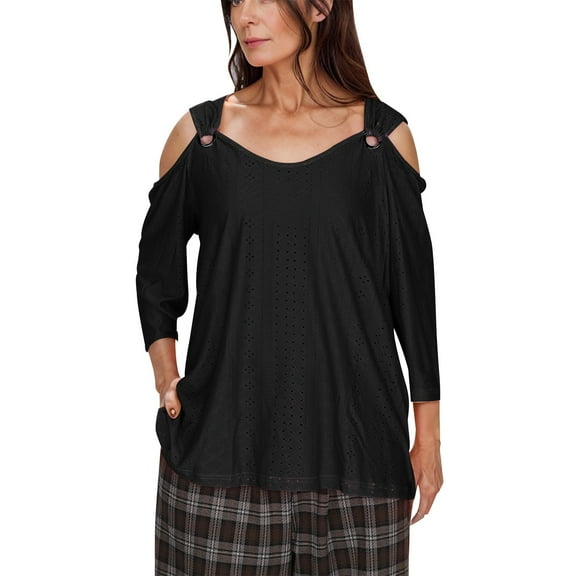 Hvot&aat Women's Fashion Cold Shoulder Tops Breathable Hollow Out Eyelet Blouses Casual Comfy Solid Color Pullover