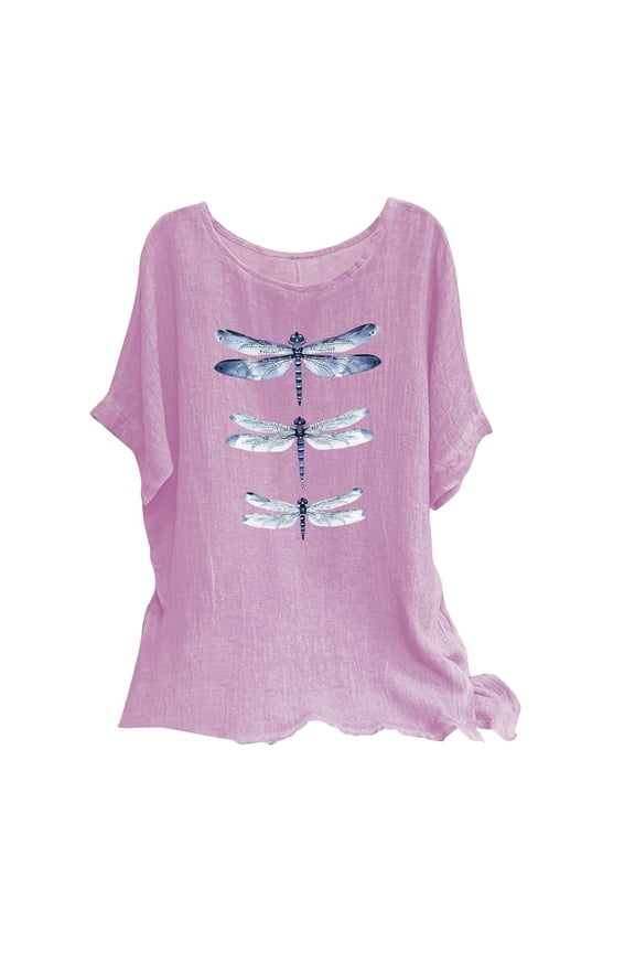Women's Fashion Dragonfly Graphic Tees Casual Vintage Lightweight Blouses Crew Neck Half Sleeve T-Shirts
