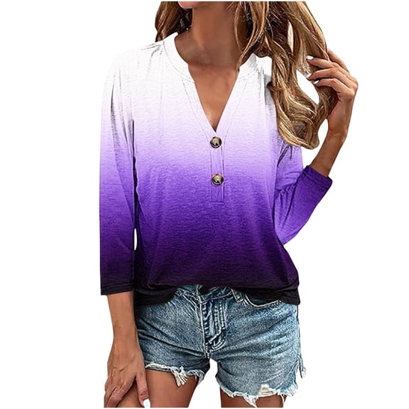 Hvot&aat Women's Fashion Gradient Button T-Shirt 3/4 Sleeve Henley V Neck Blouse Casual Loose Fit Tunic Tops