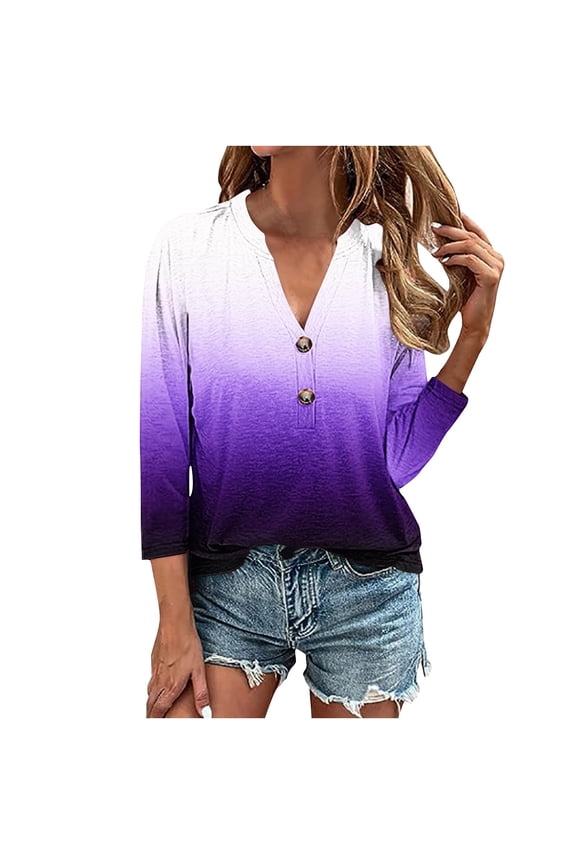 Women's Fashion Gradient Button T-Shirt 3/4 Sleeve Henley V Neck Blouse Casual Loose Fit Tunic Tops