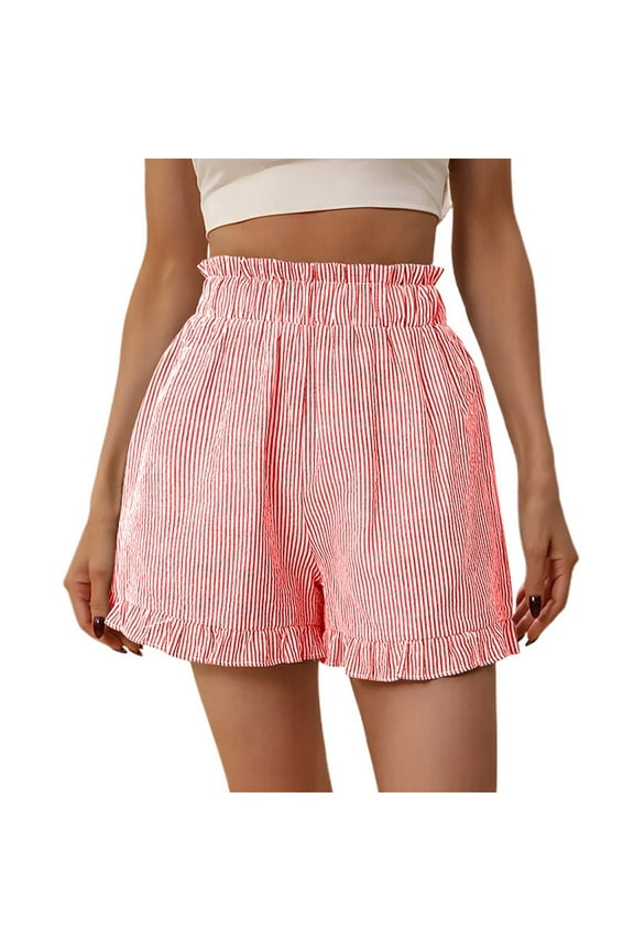 Women's Fashion High Waist Stripe Shorts Summer Casual Elastic Waist Shorts Ruffle Wide Leg Beach Shorts