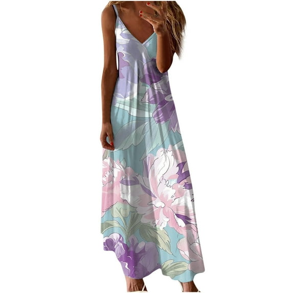 Hvot&aat Women's Fashion Slip Dress V Neck Sleeveless Spaghetti Strap Flowy Long Dresses Beach Vacation Sundress