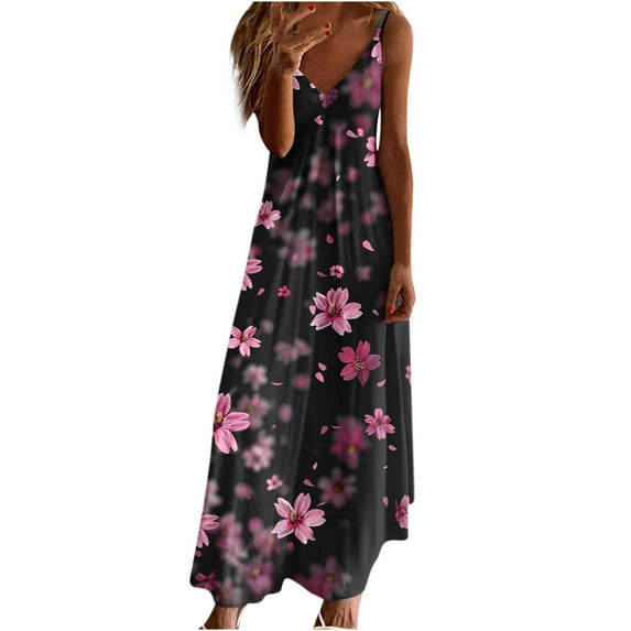 Hvot&aat Women's Fashion Slip Dress V Neck Sleeveless Spaghetti Strap Flowy Long Dresses Beach Vacation Sundress