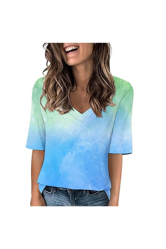 Women's Fashion Tie Dye Gradient Printing Tees V-Neck Casual Short Sleeve Loose Tops Trending T Shirts