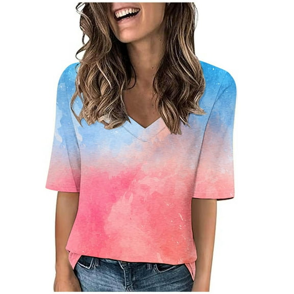 Hvot&aat Women's Fashion Tie Dye Gradient Printing Tees V-Neck Casual Short Sleeve Loose Tops Trending T Shirts