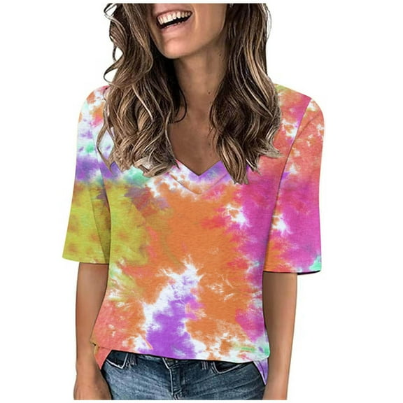 Hvot&aat Women's Fashion Tie Dye T Shirt Fitted V Neck Half Sleeve Blouses Summer Casual Regular Fit Tunic Tops