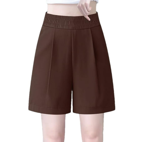 Hvot&aat Women's Fashionable Solid Color Cotton Linen Shorts Elastic Waist Wide Leg Work Trouser Shorts Suit Shorts