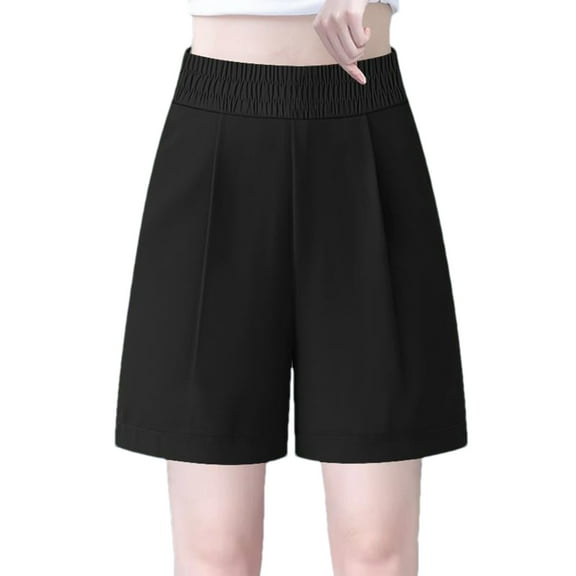 Hvot&aat Women's Fashionable Solid Color Cotton Linen Shorts Elastic Waist Wide Leg Work Trouser Shorts Suit Shorts