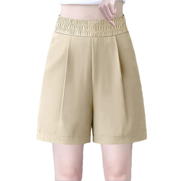Hvot&aat Women's Fashionable Solid Color Cotton Linen Shorts Elastic Waist Wide Leg Work Trouser Shorts Suit Shorts